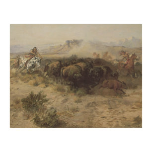 Buffalo Hunt No. 26 by CM Russell, Vintage Indians Wood Wall Decor