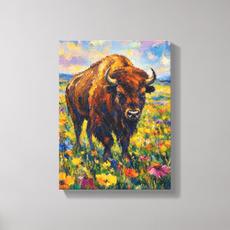 Buffalo in Wildflowers field Abstract art painting Canvas Print