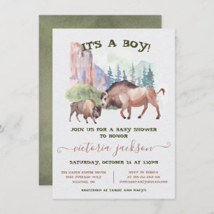 Buffalo mommy & baby rustic watercolor baby shower invitation