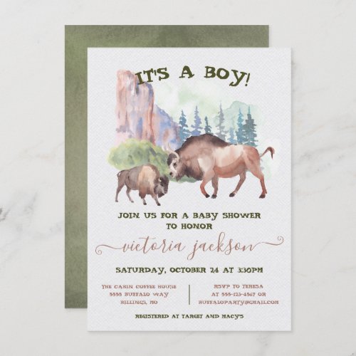 Buffalo mommy  baby rustic watercolor baby shower invitation