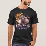 Buffalo Moon Bison Colorful Artwork Floral Nature  T-Shirt