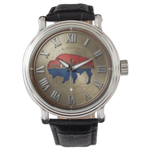 Buffalo New York Skyline Brass & Wood Grain Accent Watch