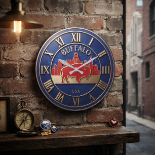 Buffalo New York USA Skyline Red Bison Gold Trim Large Clock