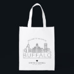 Buffalo, New York Wedding | Stylized Skyline Grocery Bag<br><div class="desc">A unique wedding bag for a wedding taking place in the beautiful city of Buffalo,  New York.  This bag features a stylized illustration of the city's unique skyline with its name underneath.  This is followed by your wedding day information in a matching open lined style.</div>