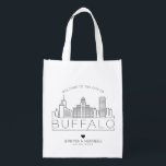 Buffalo, New York Wedding | Stylized Skyline Grocery Bag<br><div class="desc">A unique wedding bag for a wedding taking place in the beautiful city of Buffalo,  New York.  This bag features a stylized illustration of the city's unique skyline with its name underneath.  This is followed by your wedding day information in a matching open lined style.</div>