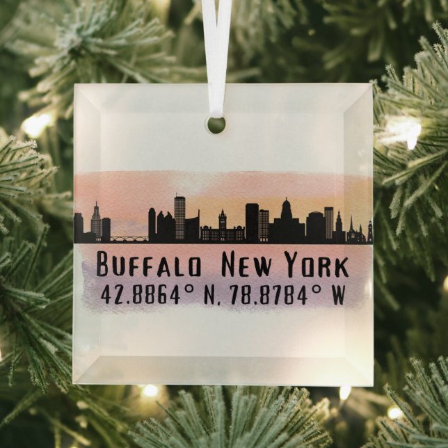 Buffalo NY City Skyline Latitude and Longitude  Glass Ornament (Insitu)