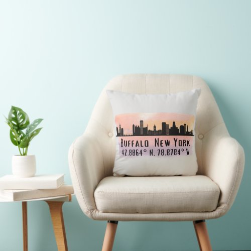 Buffalo NY City Skyline Latitude and Longitude  Throw Pillow