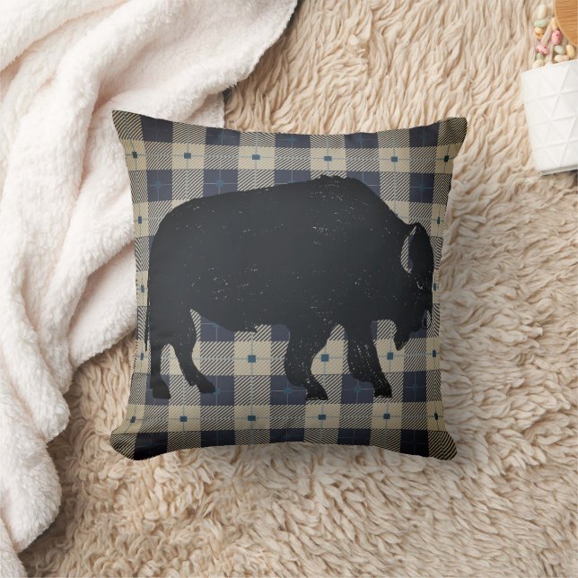 Buffalo on Lodge Plaid Throw Pillow (Blanket)
