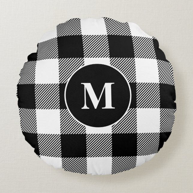 Buffalo Pattern Monogram Holiday Black and White Round Pillow (Front)