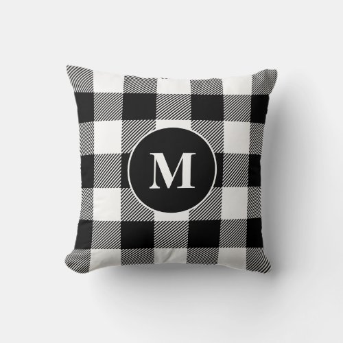 Buffalo Pattern Monogram Holiday Black and White Throw Pillow
