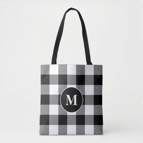 Buffalo Pattern Monogram Holiday Black and White Tote Bag