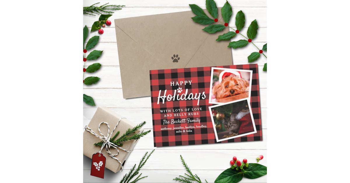 Buffalo Plaid 2 Photo Collage Pet Christmas Holiday Card | Zazzle