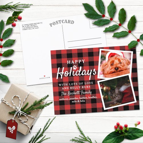 Buffalo Plaid 2 Photo Collage Pet Holiday Announcement Postcard