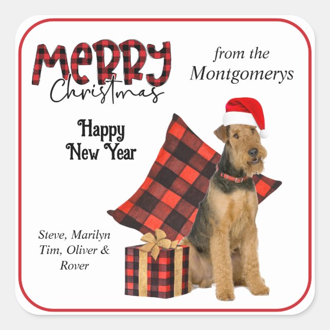 Buffalo Plaid Airedale Dog Christmas Square Sticker (Front)