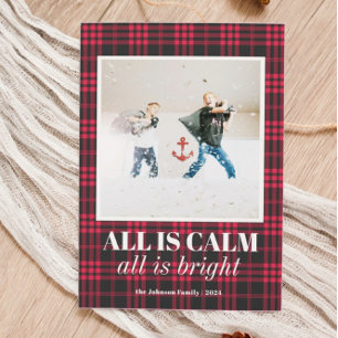 Buffalo Plaid "All is Calm" Funny Photo Christmas Holiday Card