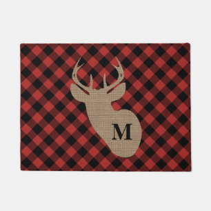 Buffalo Plaid and Burlap Monogram Deer Door Mat