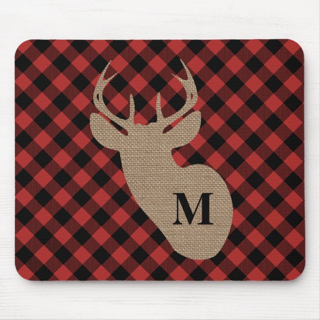 Buffalo Plaid and Burlap Monogram Deer Mouse Pad (Front)