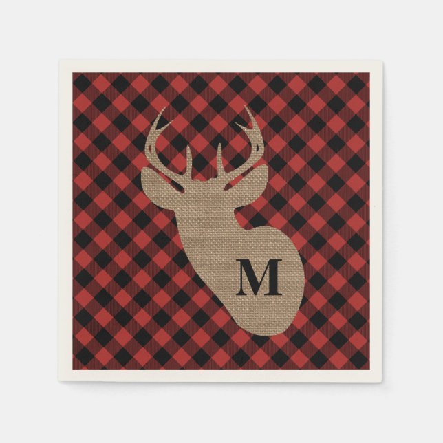 Buffalo Plaid and Burlap Monogram Deer Paper Napkins (Front)