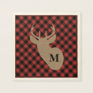 Buffalo Plaid and Burlap Monogram Deer Paper Napkins