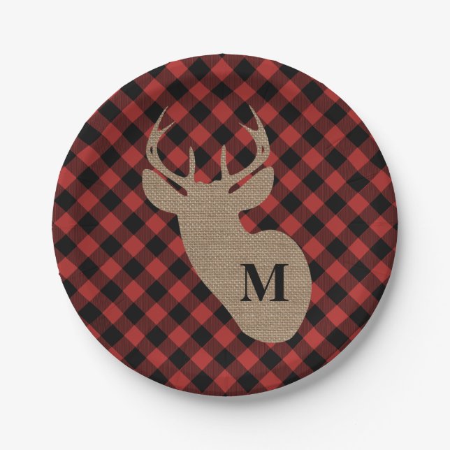 Buffalo Plaid and Burlap Monogram Deer Paper Plates (Front)