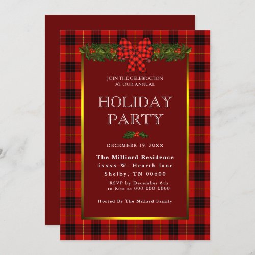 Buffalo plaid and garland holiday invitation