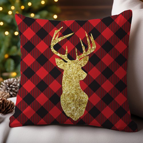 Buffalo Plaid and Gold Deer Christmas Throw Pillow