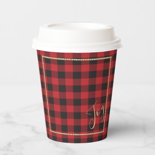 Buffalo Plaid and Gold Glitter Border Christmas Paper Cups