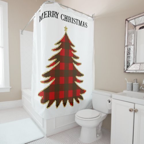Buffalo Plaid and Gold Glitter Christmas Tree  Shower Curtain