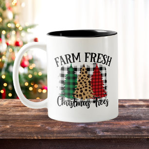 Buffalo Plaid and Leopard Print Chistmas Trees Two-Tone Coffee Mug