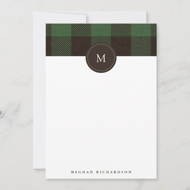 Buffalo Plaid and Monogram | Green Stationery Note Card (Front)