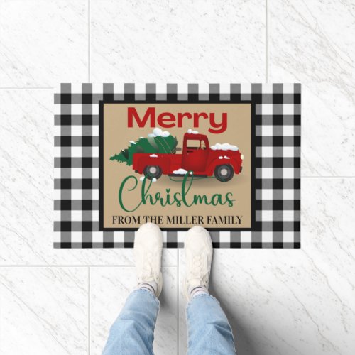 Buffalo Plaid and Red Truck Custom Christmas Doormat