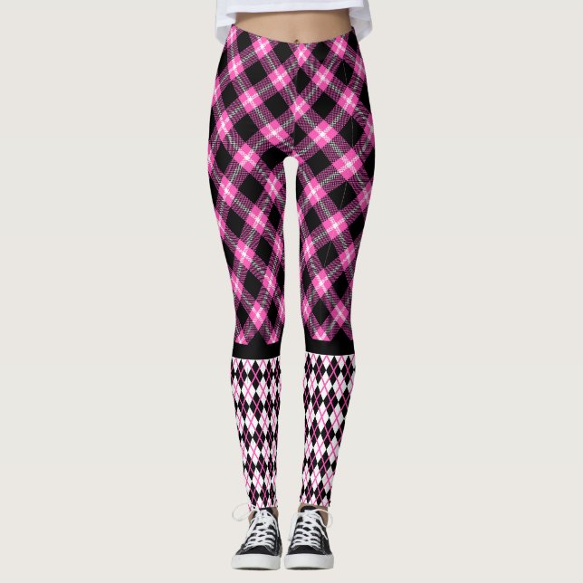 Buffalo Plaid & Argyle in Fuchsia & Black Leggings (Front)
