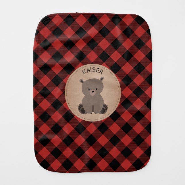 Buffalo Plaid Baby Bear Burp Cloth (Front)