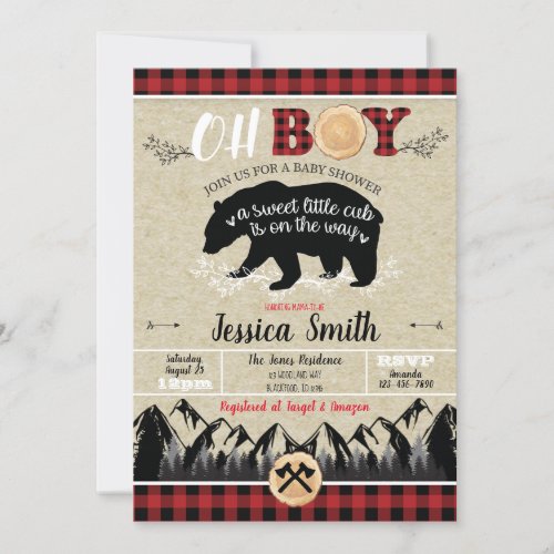 Buffalo Plaid Baby Shower Invitation Bear Cub