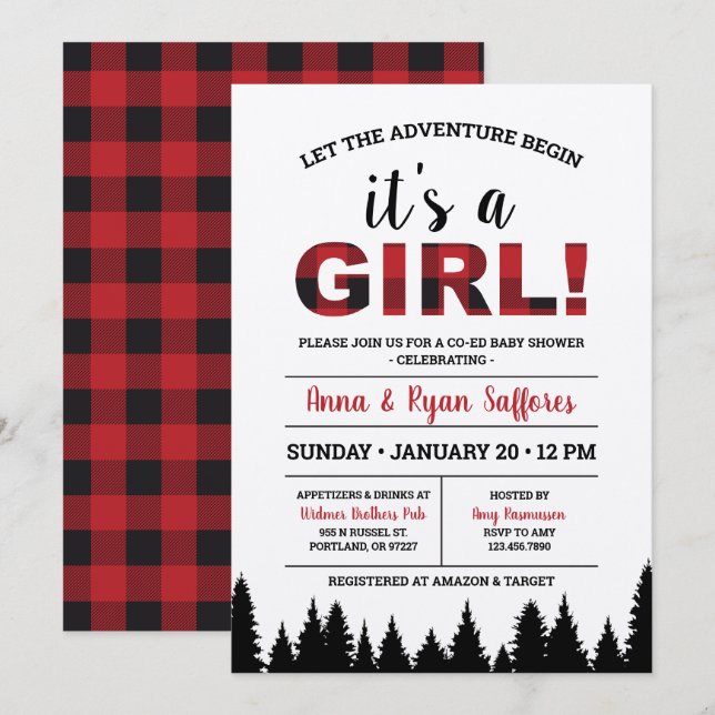 Buffalo Plaid Baby Shower Invitation - It's A Girl (Front/Back)