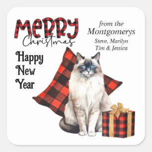Buffalo Plaid Balinese Cat Christmas Square Sticker