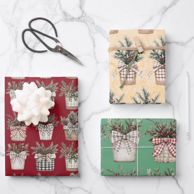 Buffalo Plaid Basket | Farmhouse Christmas   Wrapping Paper Sheets (Front)