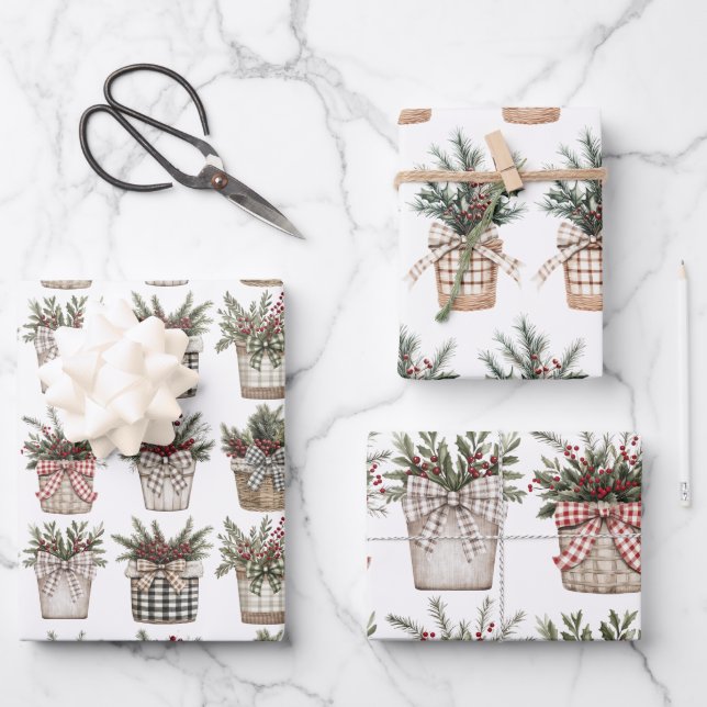 Buffalo Plaid Basket | Farmhouse Christmas   Wrapping Paper Sheets (Front)