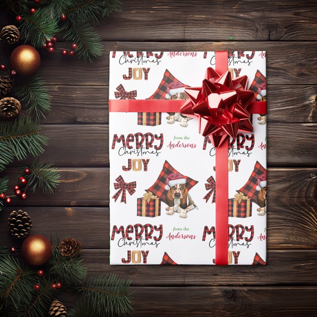 Buffalo Plaid Basset Hound Puppy Christmas Wrapping Paper (Creator Uploaded)