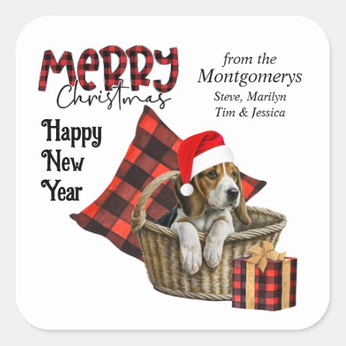 Buffalo Plaid Beagle Puppy Christmas Square Sticker