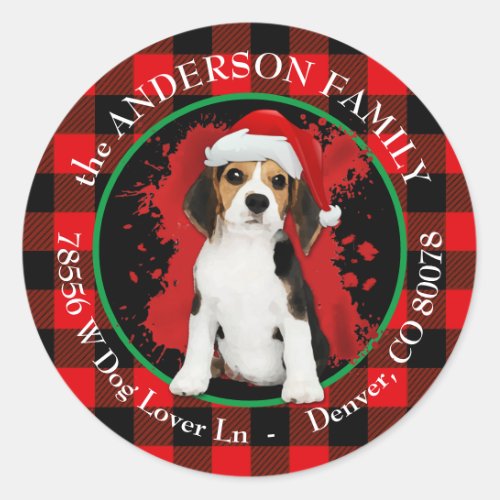 Buffalo Plaid Beagle Puppy Return Address Classic Round Sticker