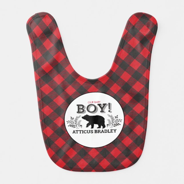 Buffalo Plaid Bear Baby Bib (Front)