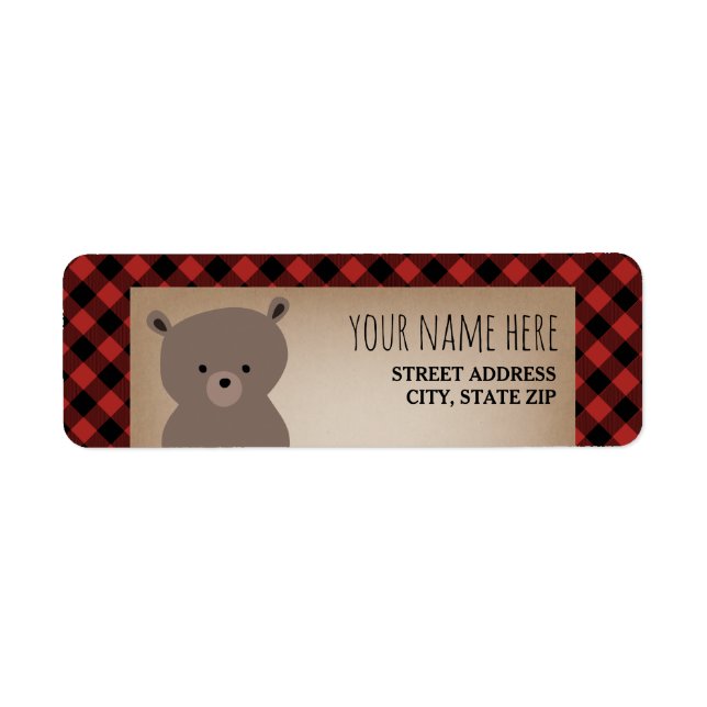 Buffalo Plaid Bear Baby Shower Label (Front)