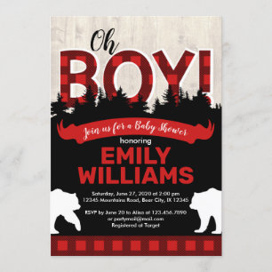 Buffalo Plaid Bear Boy Baby Shower Invitation