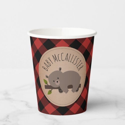 Buffalo Plaid Bear Cub Baby Shower Paper Cups