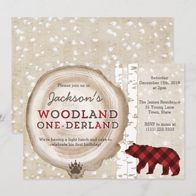 Buffalo Plaid Bear Cub Winter Forest 1st Birthday Invitation (Front/Back)
