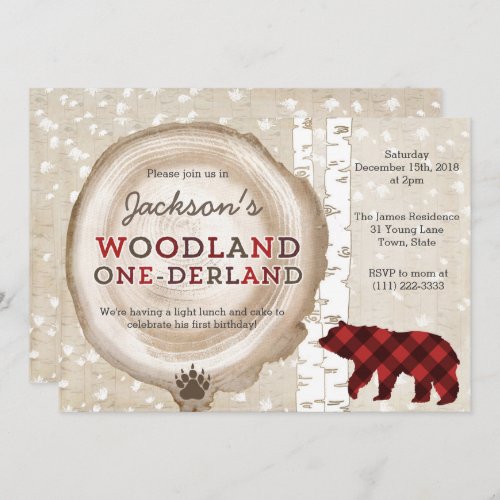 Buffalo Plaid Bear Cub Winter Forest 1st Birthday Invitation