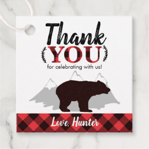 Buffalo Plaid Bear Lumberjack Birthday Favor Tags