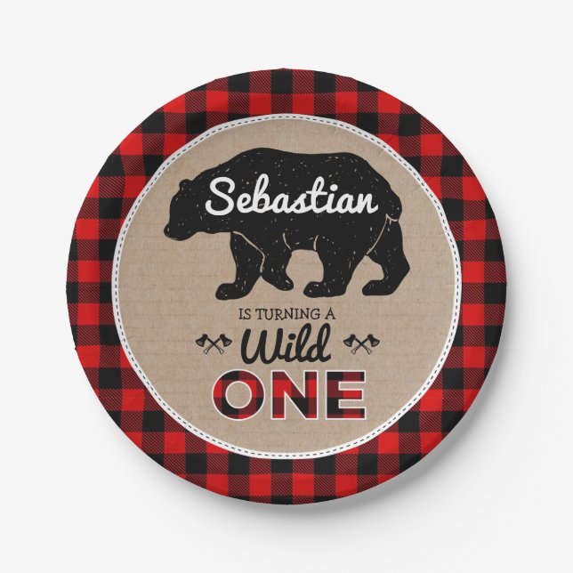 Buffalo Plaid Bear Lumberjack Wild One Birthday Paper Plates (Front)