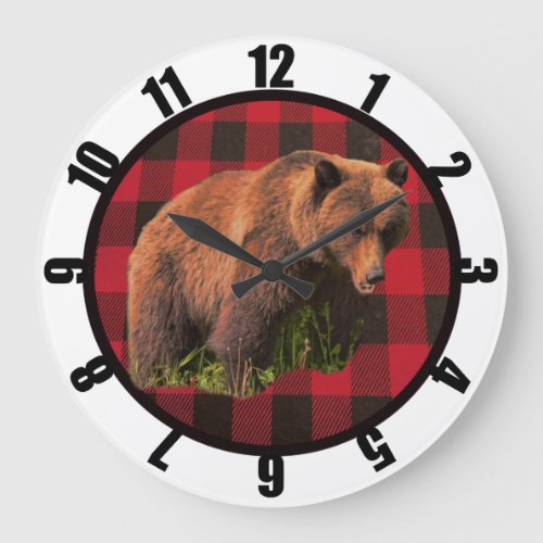 Buffalo Plaid Bear Man Cave Large Clock